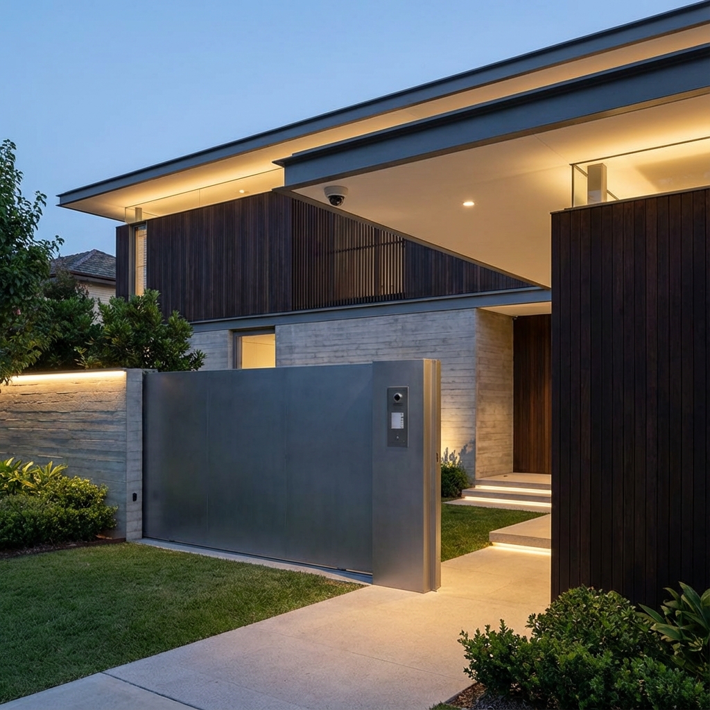 Secure modern home with automated gate and CCTV, representing safety and peace of mind