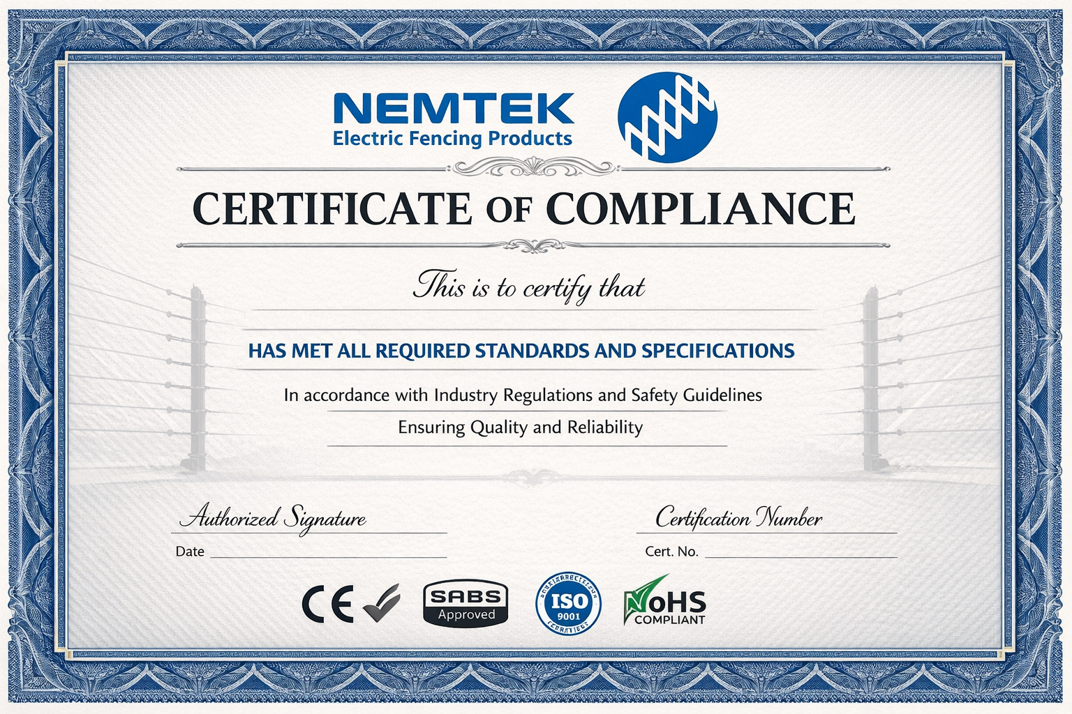Nemtek electric fencing certificate of compliance